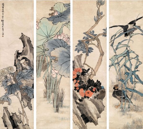 任颐 一八七一年作 四季花鸟 立轴四屏; 任颐1871年作 四季花鸟 四屏